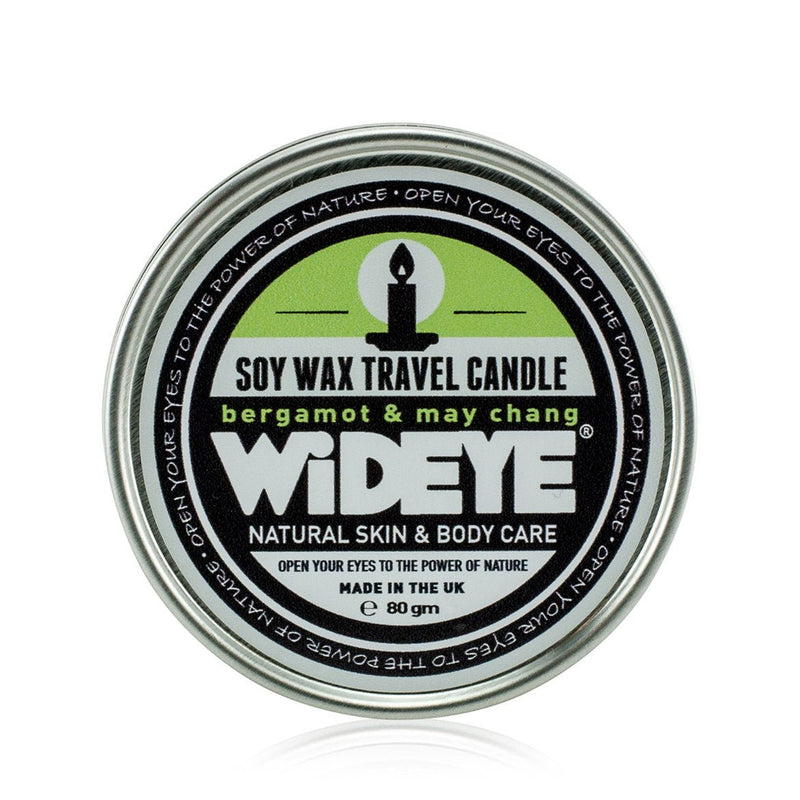 Natural vegan Soy Wax bergamot and may chang candle in aluminium travel tin handmade by WiDEYE in Rye.