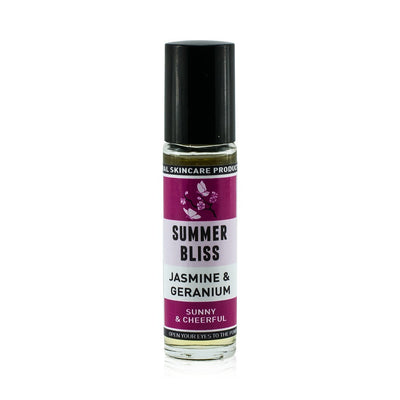 Natural vegan aromatherapy Summer Bliss essential oil mood roller, in glass bottle. Handmade by WiDEYE in Rye.