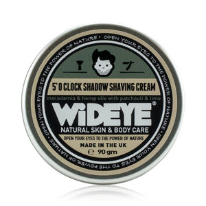 Natural vegan skincare 'Five O' Clock Shadow' shaving cream in aluminium tin handmade by WiDEYE in Rye.