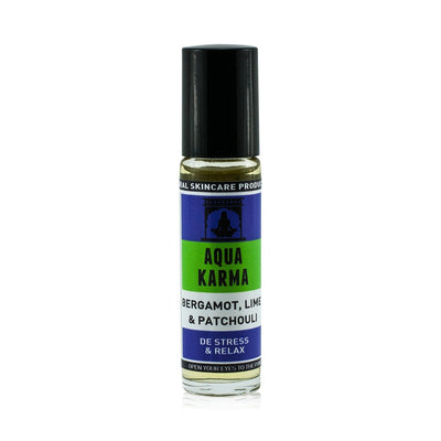 Natural vegan skincare 'Aqua Karma' essential oil mood roller with patchouli, bergamot and lime by WiDEYE.