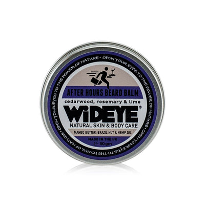 Natural Vegan skincare 'After Hours' Sandalwood, Rosemary and Lime nourishing balm for beards, in recyclable pot by WiDEYE with essential oils.