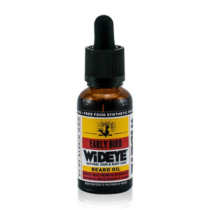 Natural vegan skincare 'Early Bird' beard oil in glass bottle handmade by WiDEYE in Rye.