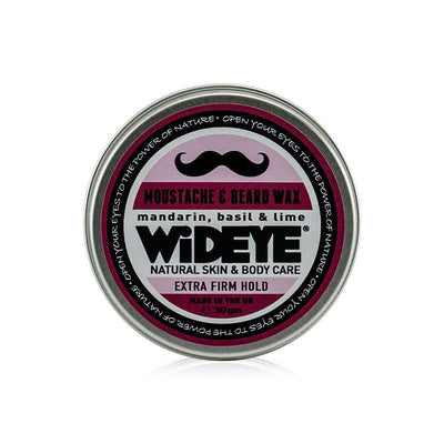 Natural vegan skincare extra firm moustache wax in aluminium tin handmade by WiDEYE in Rye.