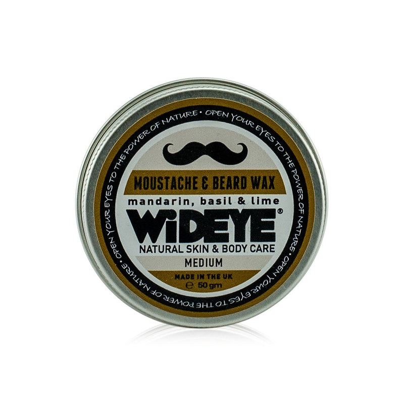Natural vegan skincare medium hold moustache wax in aluminium tin handmade by WiDEYE in Rye.