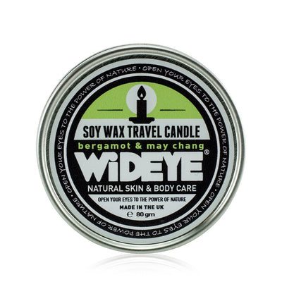 Natural vegan Soy Wax bergamot and may chang candle in aluminium travel tin handmade by WiDEYE in Rye.