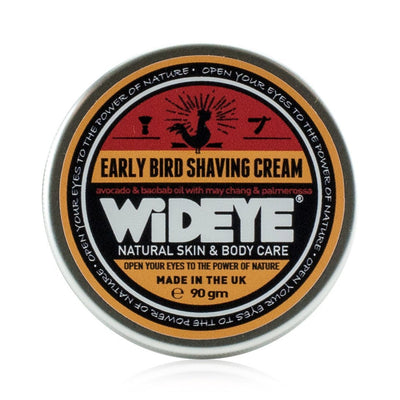 Natural vegan skincare 'Early Bird' shaving cream in aluminium tin handmade by WiDEYE in Rye.