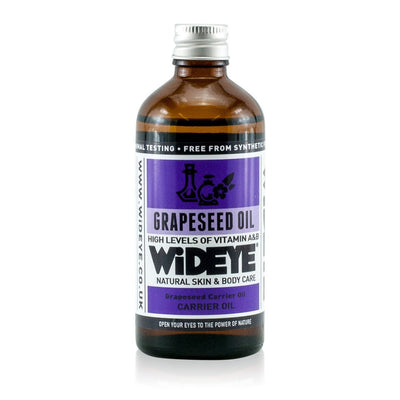 Natural aromatherapy Grapeseed carrier oil in glass bottle for blending and massage handmade by WiDEYE in Rye.