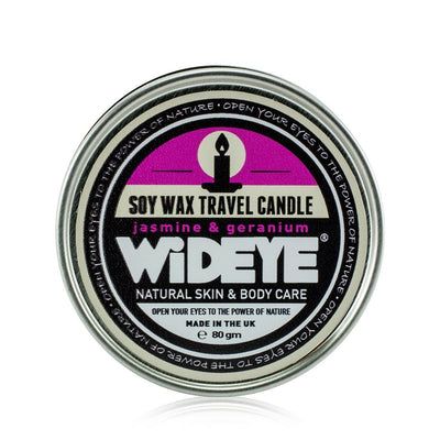 Natural aromatherapy vegan soy wax Jasmine and Geranium scented candle in an aluminium travel tin handmade by WiDEYE in Rye.