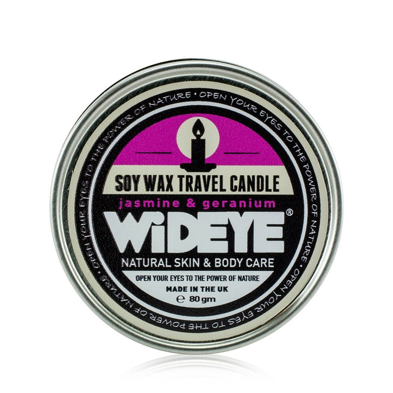 Natural aromatherapy vegan soy wax Jasmine and Geranium scented candle in an aluminium travel tin handmade by WiDEYE in Rye.