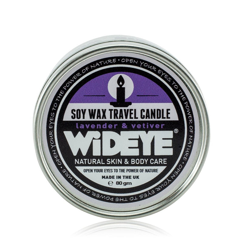 Natural vegan soy wax Lavender & Vetiver scented candle in aluminium travel tin handmade by WiDEYE in Rye.