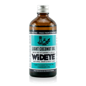 Natural aromatherapy Light Coconut carrier oil for massage and blending in glass bottle made by WiDEYE in Rye.