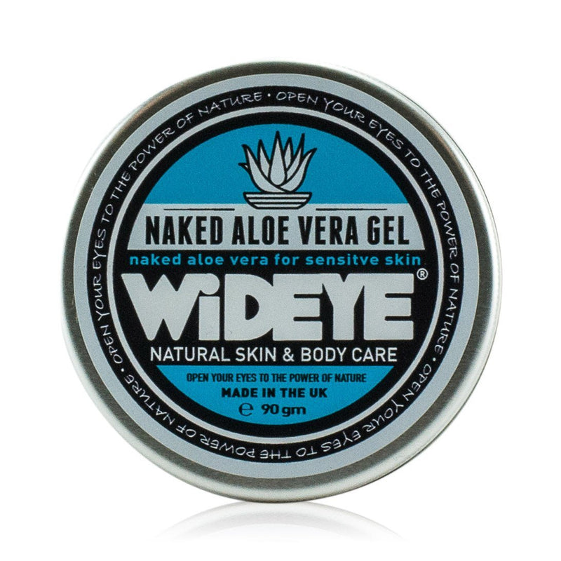 Natural vegan skincare naked aloe vera gel in round aluminium tin, handmade by WiDEYE in Rye.
