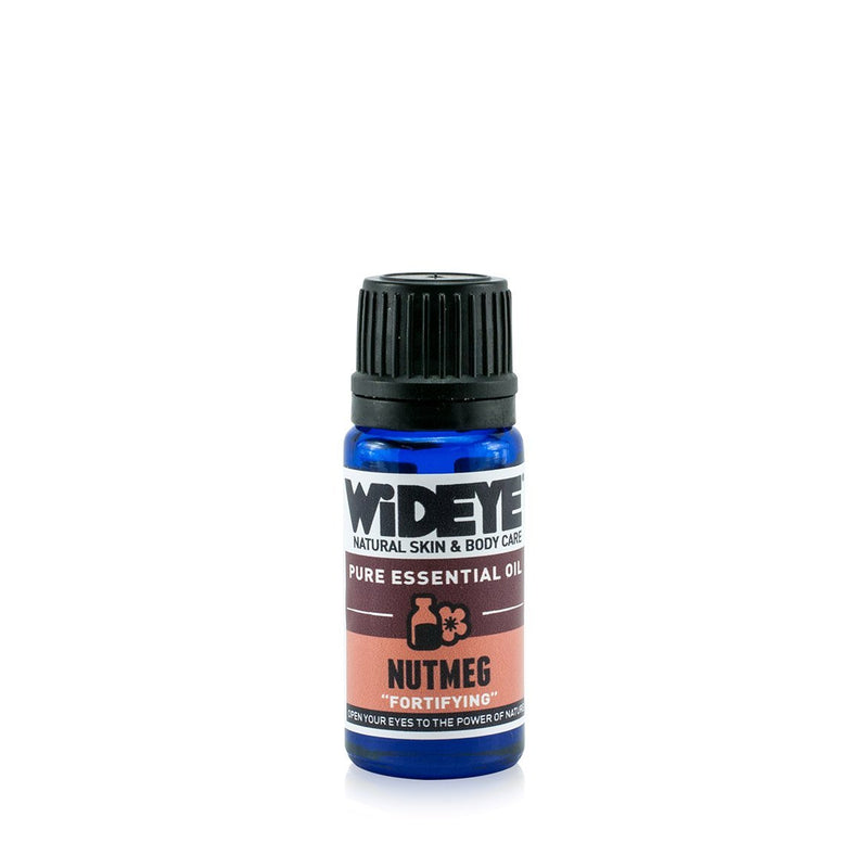 Natural aromatherapy Nutmeg essential oil in glass bottle, by WiDEYE in Rye.