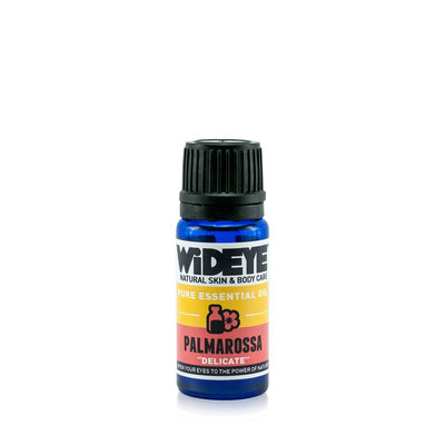 Natural aromatherapy Palmarosa essential oil in glass bottle, by WiDEYE.