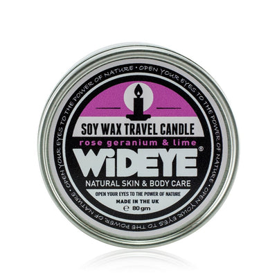 Natural vegan aromatherapy Rose and lime soy wax candle in aluminium travel tin, handmade by WiDEYE in Rye.