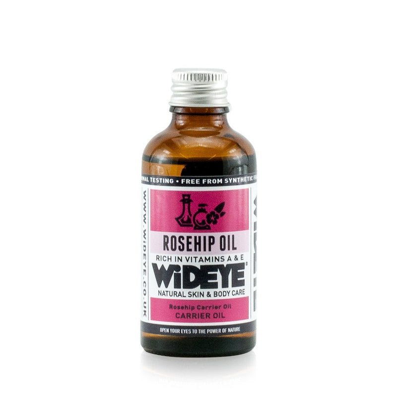 Natural vegan aromatherapy Rosehip oil for blending and massage, in glass bottle by WiDEYE.