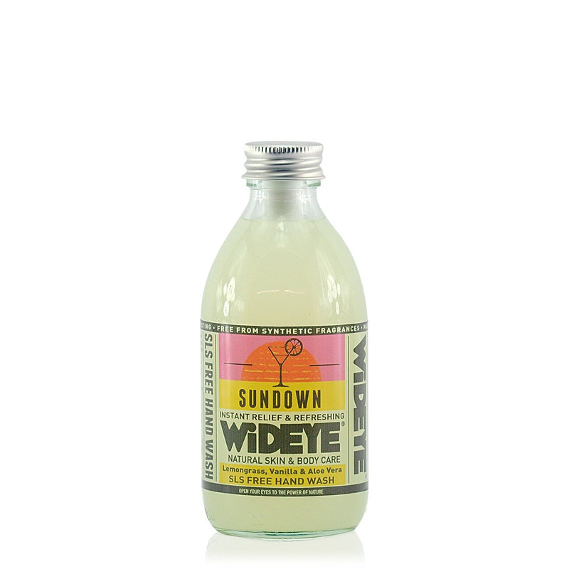 Sundown hand wash. Clear hand wash in a clear glass bottle, with a pink and yellow label and an aluminium top.
