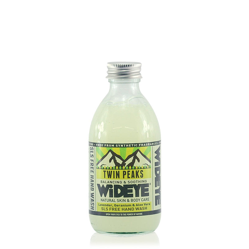 Twin Peaks hand wash. Clear hand wash in a clear glass bottle, with a green label and an aluminium top.