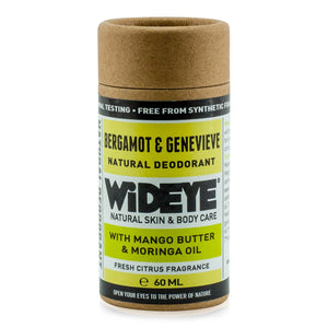 Natural vegan skincare Bergamot and Genevieve deodorant in recyclable cardboard container handmade by WiDEYE in Rye.