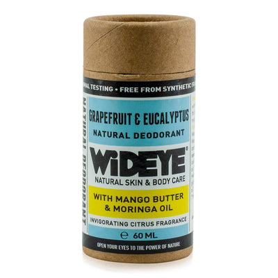 Natural vegan skincare Grapefruit and Eucalyptus deodorant in recyclable cardboard container handmade by WiDEYE in Rye.