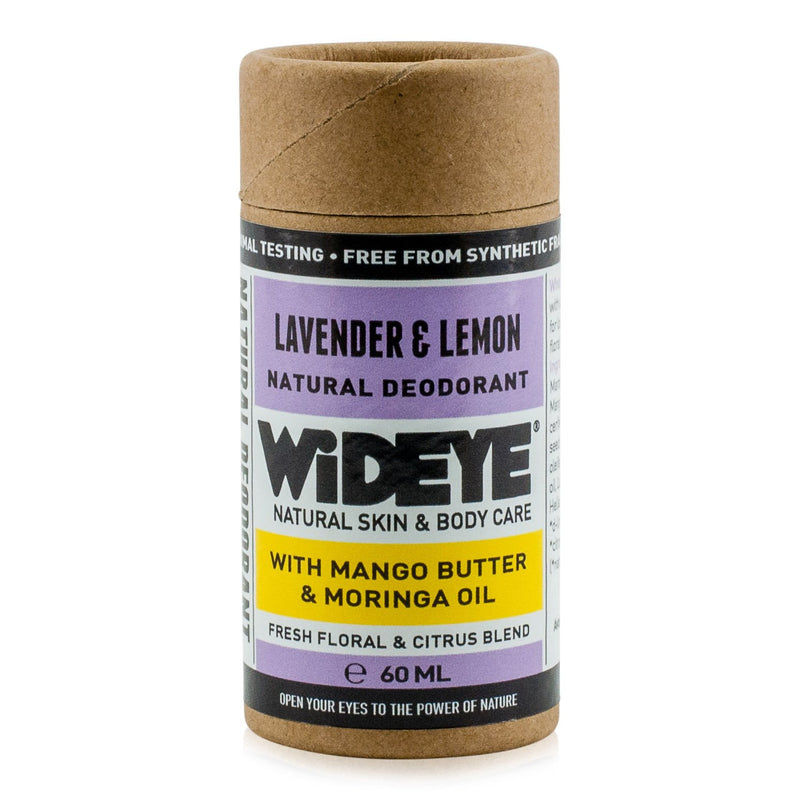 Natural vegan skincare Lavender and Lemon deodorant in recyclable cardboard container handmade by WiDEYE in Rye.