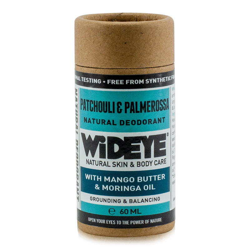 Natural vegan skincare Patchouli and Palmarosa deodorant in recyclable cardboard container handmade by WiDEYE in Rye.