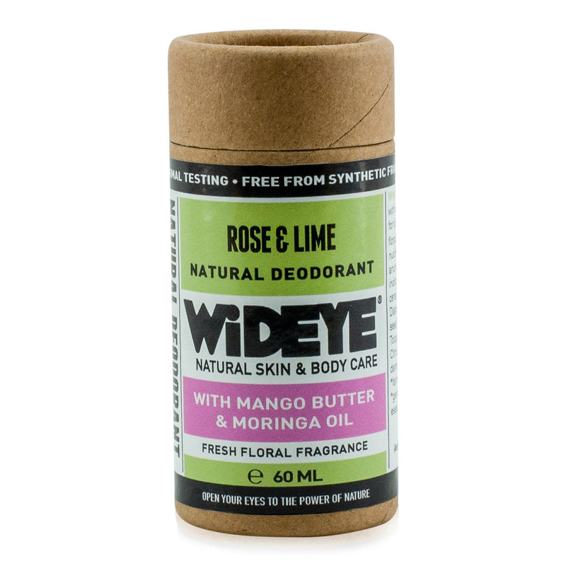 Natural vegan skincare Rose and Lime deodorant in recyclable cardboard container handmade by WiDEYE in Rye.